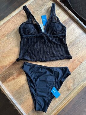 Cupshe Black Mesh Tankini Swim Set NWT